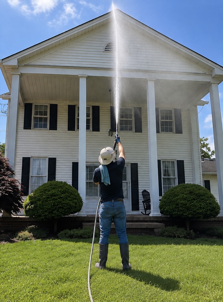 Soft washing the siding of a two-story vinyl house