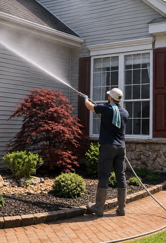 Soft washing the siding and brick exterior of a house